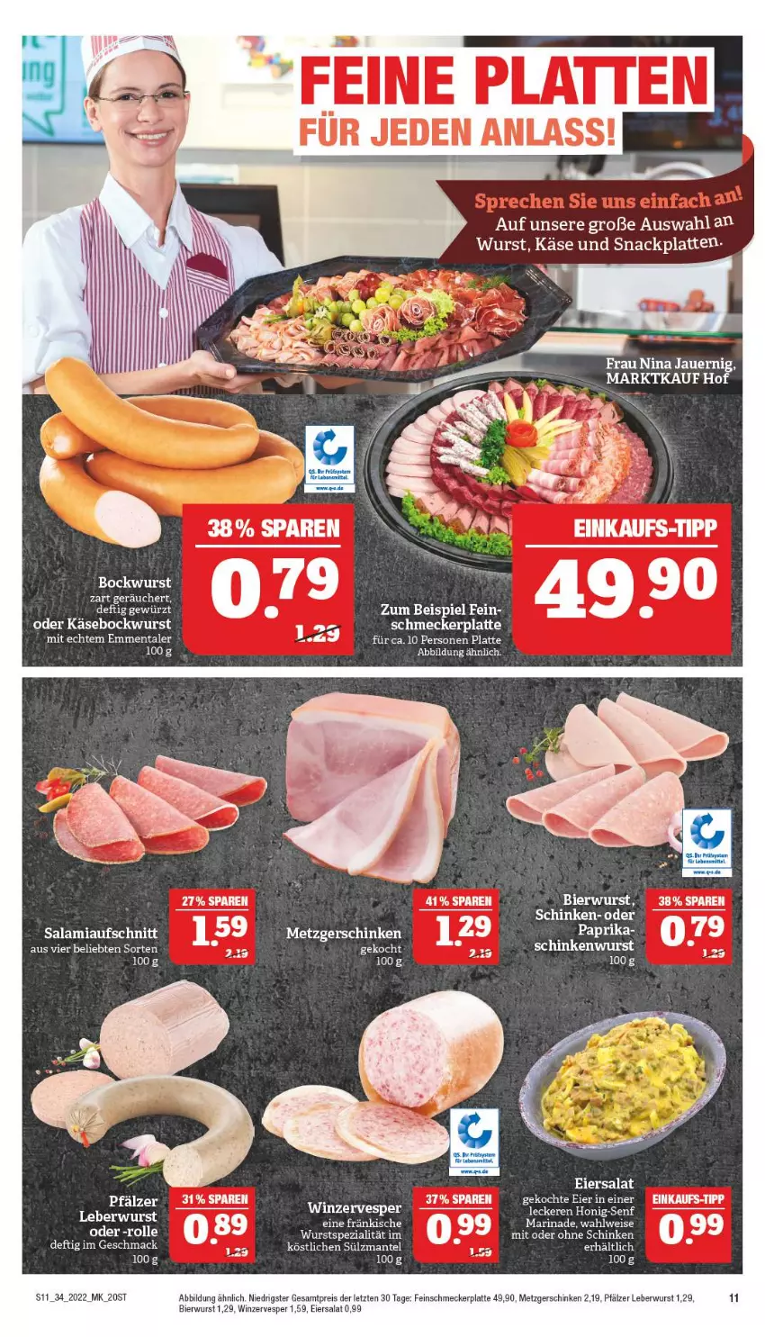 Aktueller Prospekt Marktkauf - Prospekt - von 21.08 bis 27.08.2022 - strona 15 - produkty: auer, aufschnitt, bier, bockwurst, eier, eiersalat, eis, emmentaler, ente, feinschmecker, Käse, latte, leberwurst, LG, mac, Mantel, marinade, paprika, reis, salami, salat, schinken, schinkenwurst, snack, Spezi, Ti, wurst, ZTE