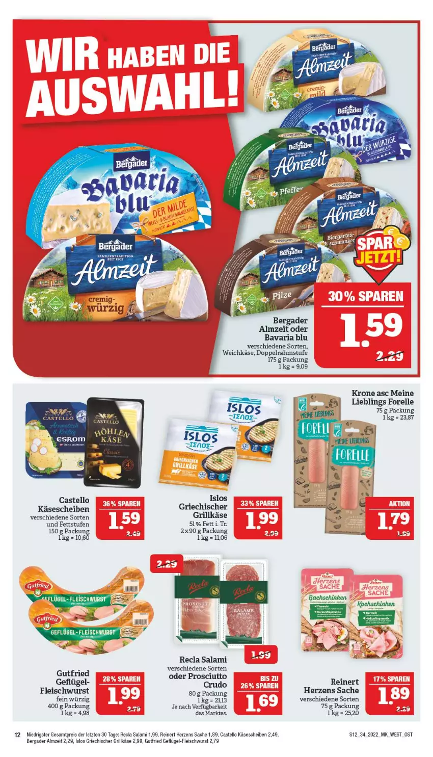 Aktueller Prospekt Marktkauf - Prospekt - von 21.08 bis 27.08.2022 - strona 16 - produkty: bavaria blu, bergader, doppelrahmstufe, eis, elle, fleisch, fleischwurst, forelle, Geflügel, Geflügel-Fleischwurst, grill, Grillkäse, gutfried, Käse, käsescheiben, krone, prosciutto, reinert, reis, rel, Ria, sac, salami, Ti, weichkäse, wurst, ZTE