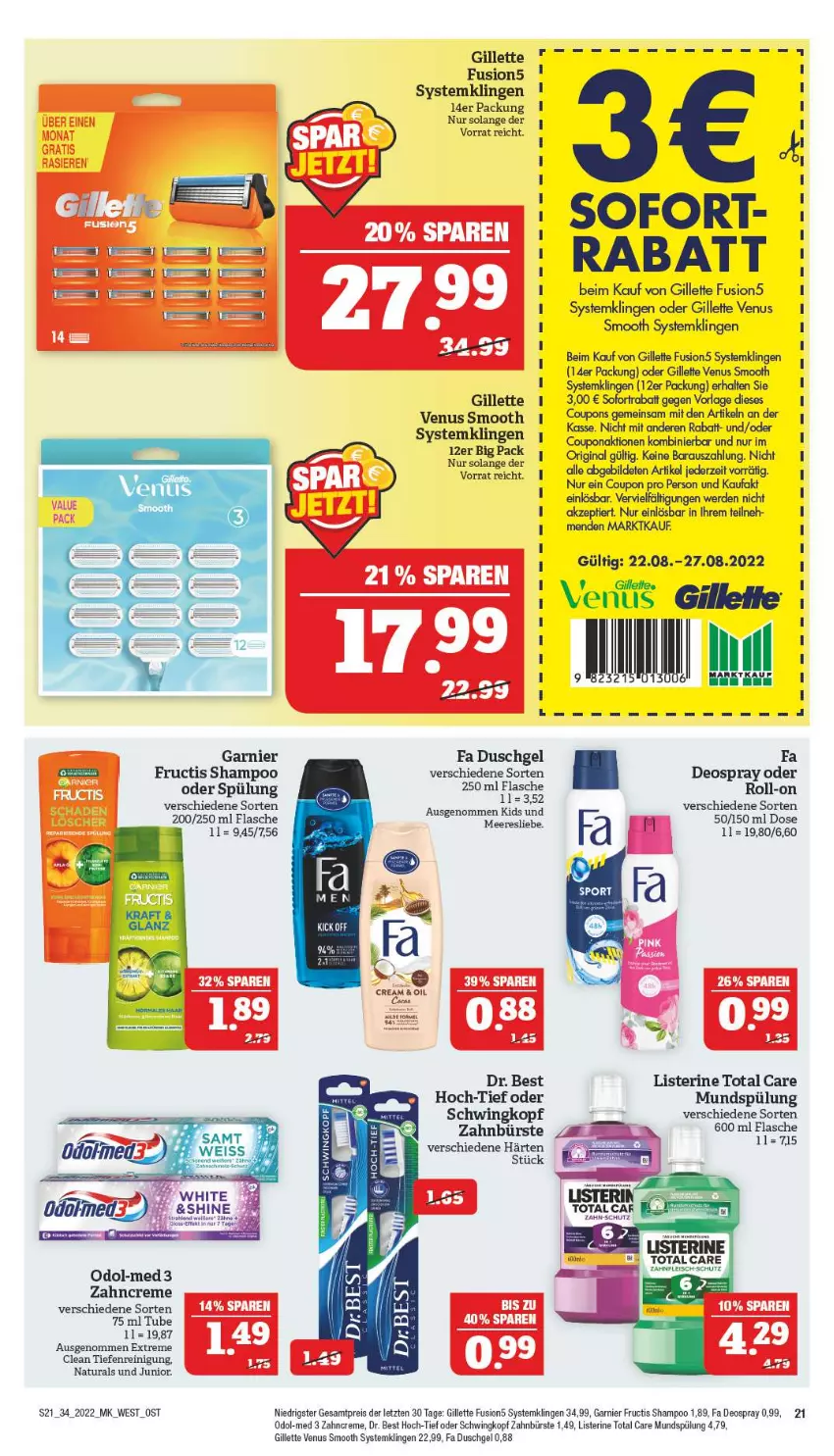 Aktueller Prospekt Marktkauf - Prospekt - von 21.08 bis 27.08.2022 - strona 25 - produkty: bürste, coupon, coupons, creme, deo, deospray, Dr. Best, duschgel, eis, elle, erde, fa duschgel, flasche, fleisch, fructis, fusion5, garnier, gillette, gillette venus, gin, listerine, mundspülung, natur, natura, Odol, Odol-med 3, Reinigung, reis, roll-on, shampoo, sofortrabatt, spülung, Systemklingen, Ti, total care, venus, zahnbürste, zahncreme, ZTE