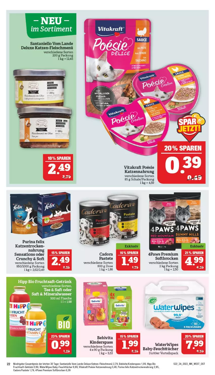 Aktueller Prospekt Marktkauf - Prospekt - von 21.08 bis 27.08.2022 - strona 26 - produkty: Alwa, bebivita, bio, Brock, eis, felix, feuchttücher, flasche, fleisch, frucht, fruchtsaft, getränk, hipp, katzennahrung, Kinder, kraft, mineralwasser, pastete, purina, pute, reis, saft, Schal, Schale, sensations, tee, Ti, Trockennahrung, tücher, vita, vitakraft, wasser, ZTE