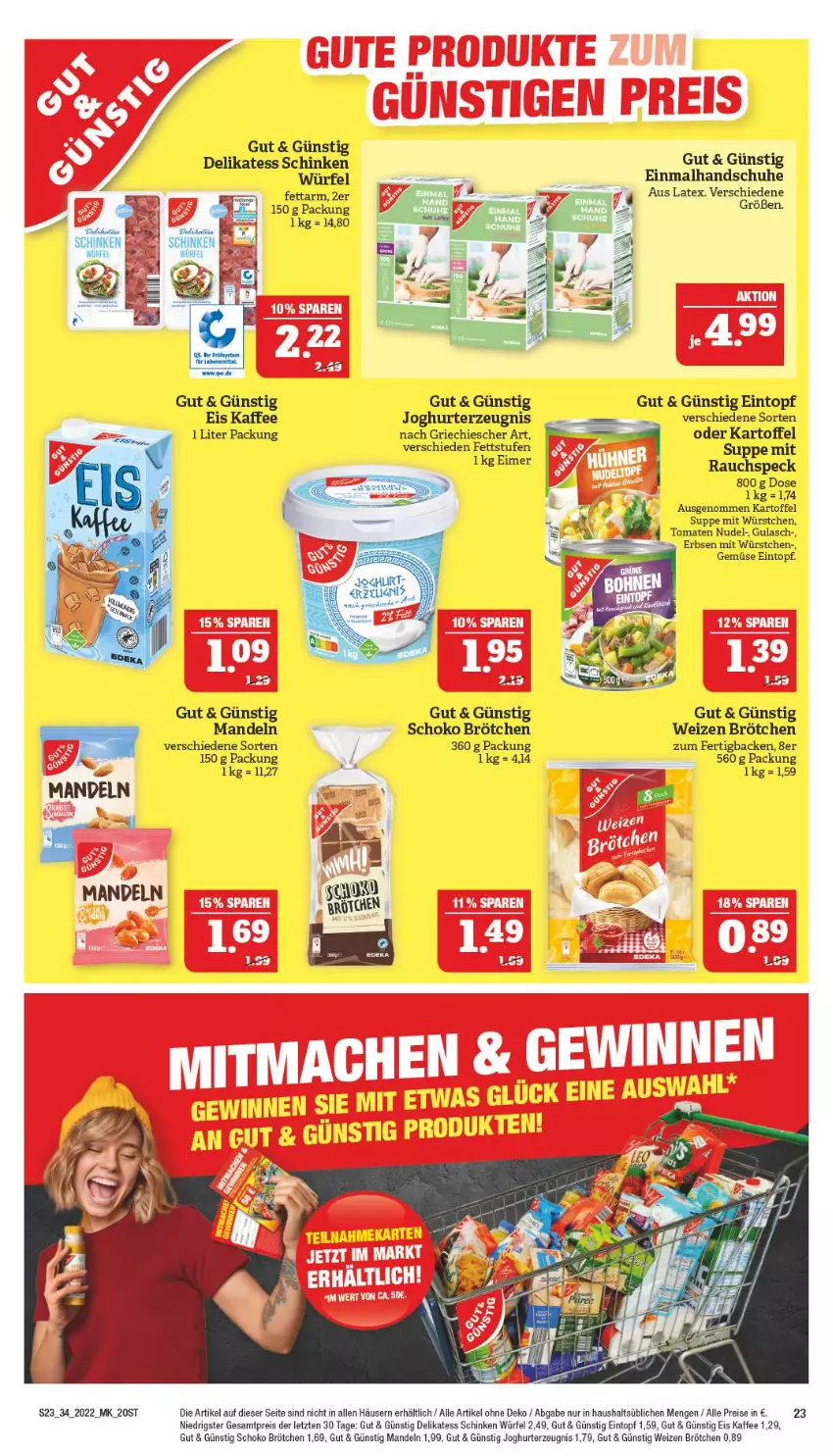 Aktueller Prospekt Marktkauf - Prospekt - von 21.08 bis 27.08.2022 - strona 27 - produkty: brötchen, eintopf, eis, erbsen, gulasch, handschuhe, joghur, joghurt, kaffee, kartoffel, mandel, mandeln, mit würstchen, nudel, Rauch, reis, schinken, schoko, schuhe, Speck, suppe, Ti, tomate, tomaten, topf, würfel, würstchen, ZTE