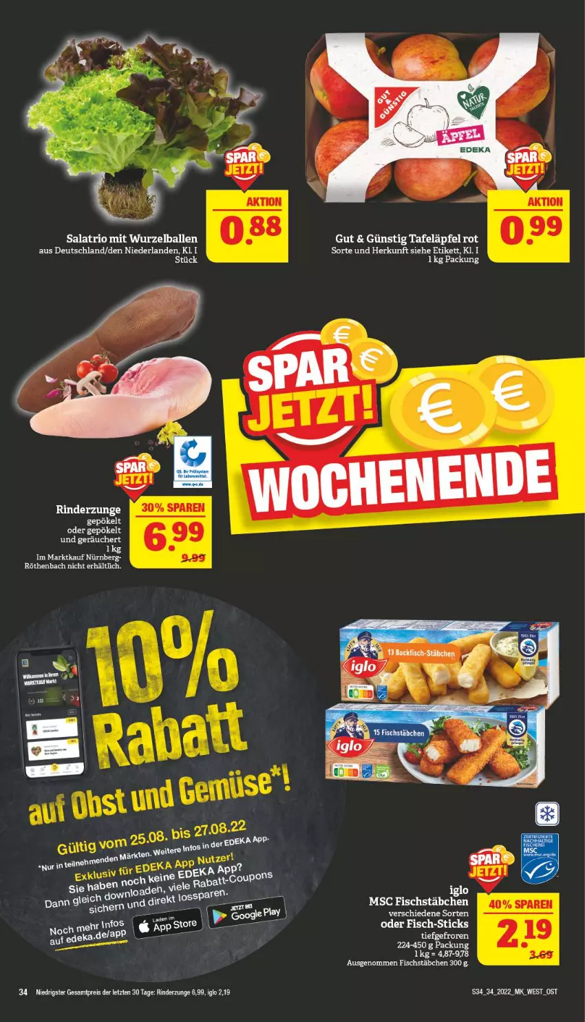 Aktueller Prospekt Marktkauf - Prospekt - von 21.08 bis 27.08.2022 - strona 38 - produkty: ball, deka, eis, fisch, fischstäbchen, iglo, LG, reis, rel, rind, rinder, Rinderzunge, salat, tafeläpfel, Ti, ZTE