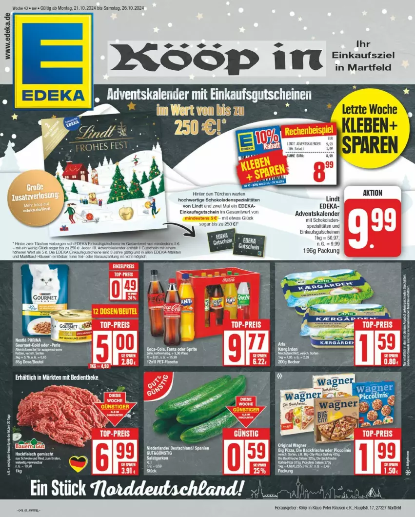 Aktueller Prospekt Edeka - Prospekte - von 21.10 bis 26.10.2024 - strona 1 - produkty: Bau, deka, gutschein, gutscheine, lindt, schoko, schokolade, schokoladen, Spezi, Ti