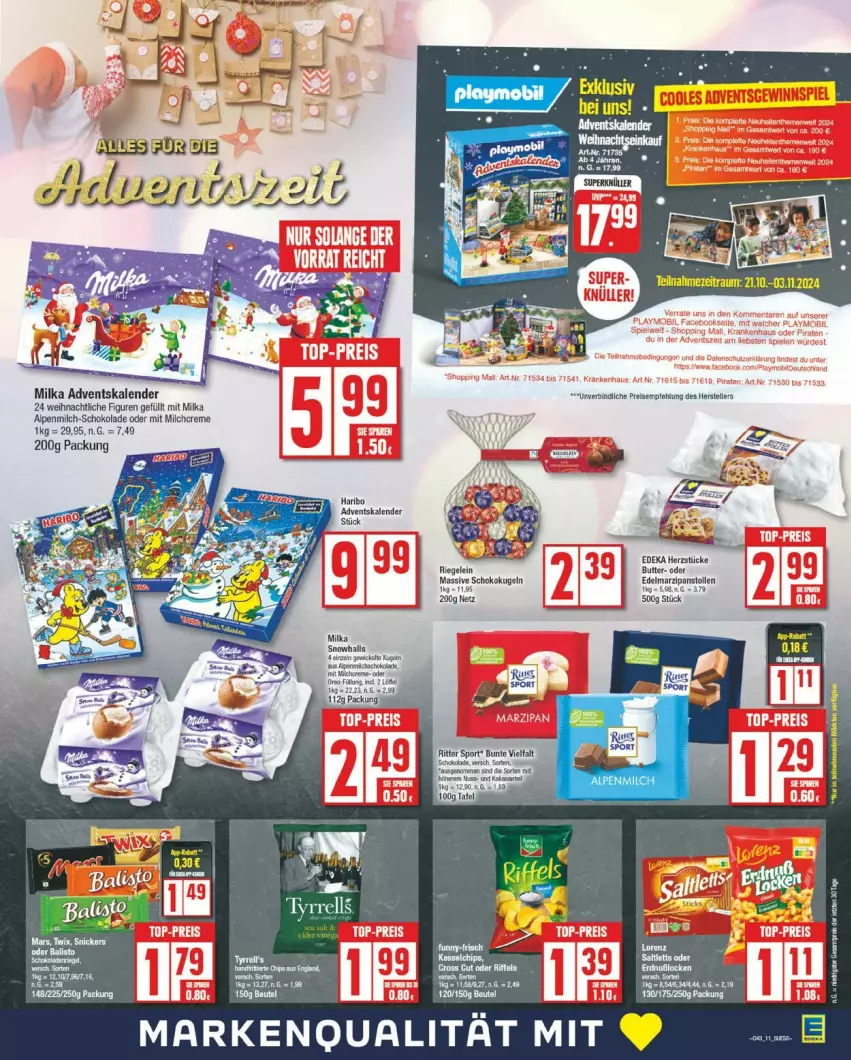 Aktueller Prospekt Edeka - Prospekte - von 21.10 bis 26.10.2024 - strona 11 - produkty: Adventskalender, alpenmilch, balisto, butter, deka, Edelmarzipan, eis, elle, Kugel, marzipan, milch, milka, reis, riegel, schoko, schokolade, Stollen, teller