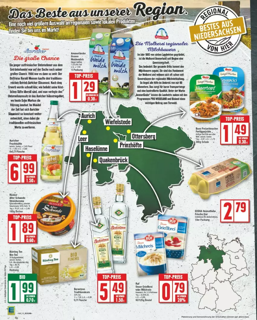 Aktueller Prospekt Edeka - Prospekte - von 21.10 bis 26.10.2024 - strona 12 - produkty: ammerländer, auer, Bau, Bauer, Becher, beutel, bio, Brei, bünting tee, deka, eier, eis, flasche, getränk, getränke, Heu, mac, merl, milch, milchreis, reis, rwe, säfte, Schal, tee, Ti