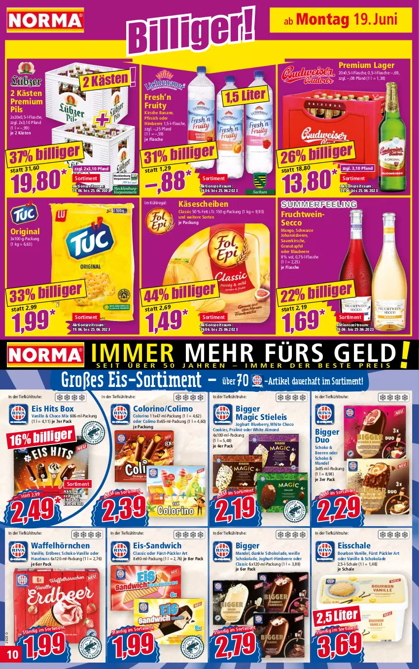 Aktueller Prospekt Norma - Norma - von 19.06 bis 26.06.2023 - strona 10 - produkty: apfel, auer, banane, beere, beeren, Blaubeer, blaubeere, blueberry, bourbon, bourbon vanille, cookie, cookies, ecco, eis, flasche, frucht, gin, grana, granatapfel, haselnuss, himbeer, himbeere, hörnchen, joghur, joghurt, johannisbeere, Käse, kirsch, kirsche, kühlregal, limo, mandel, mango, nuss, pfirsich, pils, premium pils, Rana, regal, sandwich, Schal, Schale, schoko, schokolade, stieleis, Ti, vanille, Waffelhörnchen, wein, Weiße Schokolade