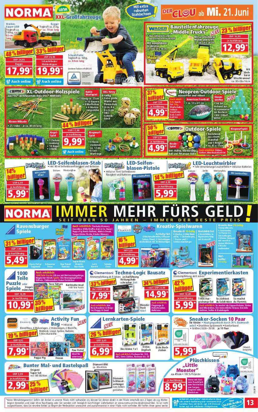 Aktueller Prospekt Norma - Norma - von 19.06 bis 26.06.2023 - strona 13 - produkty: Anhänger, auer, aust, Bad, ball, balsam, batterie, batterien, Bau, Bauer, Bebe, Becher, Bleistift, bleistifte, buch, Buggy, buntstifte, burger, decke, dell, eis, Elan, elle, fasermaler, fisch, fische, gin, Holz, Jungfrau, Kinder, kissen, koffer, kraft, Krebs, Kreide, Kugel, lachs, leine, Leuchte, LG, mac, Malblock, mikado, Mode, monster, Muffin, natur, ndk, papier, Paw Patrol, Peppa Pig, Pinsel, Plüsch, Puzzle, quad, ravensburger, reis, ring, rum, rwe, salz, schoko, Seife, senf, sneaker, socken, Spiele, spielwaren, stifte, Tempo, Ti, Tiere, trommel, wasser, würfel, zeichenblock