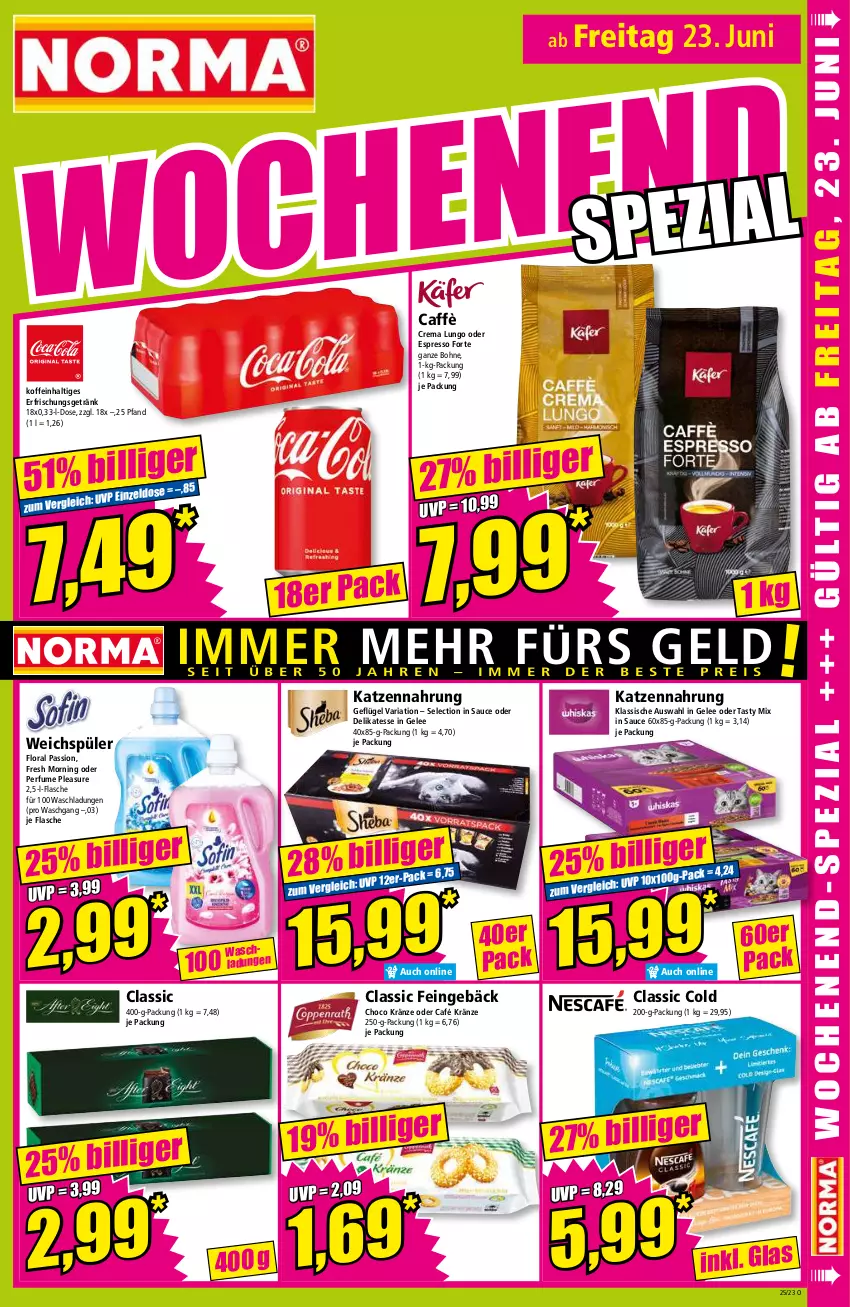 Aktueller Prospekt Norma - Norma - von 19.06 bis 26.06.2023 - strona 15 - produkty: bohne, caffè crema, erfrischungsgetränk, espresso, flasche, Geflügel, gelee, getränk, katzennahrung, lungo, oder espresso, Ria, sauce, Ti, weichspüler