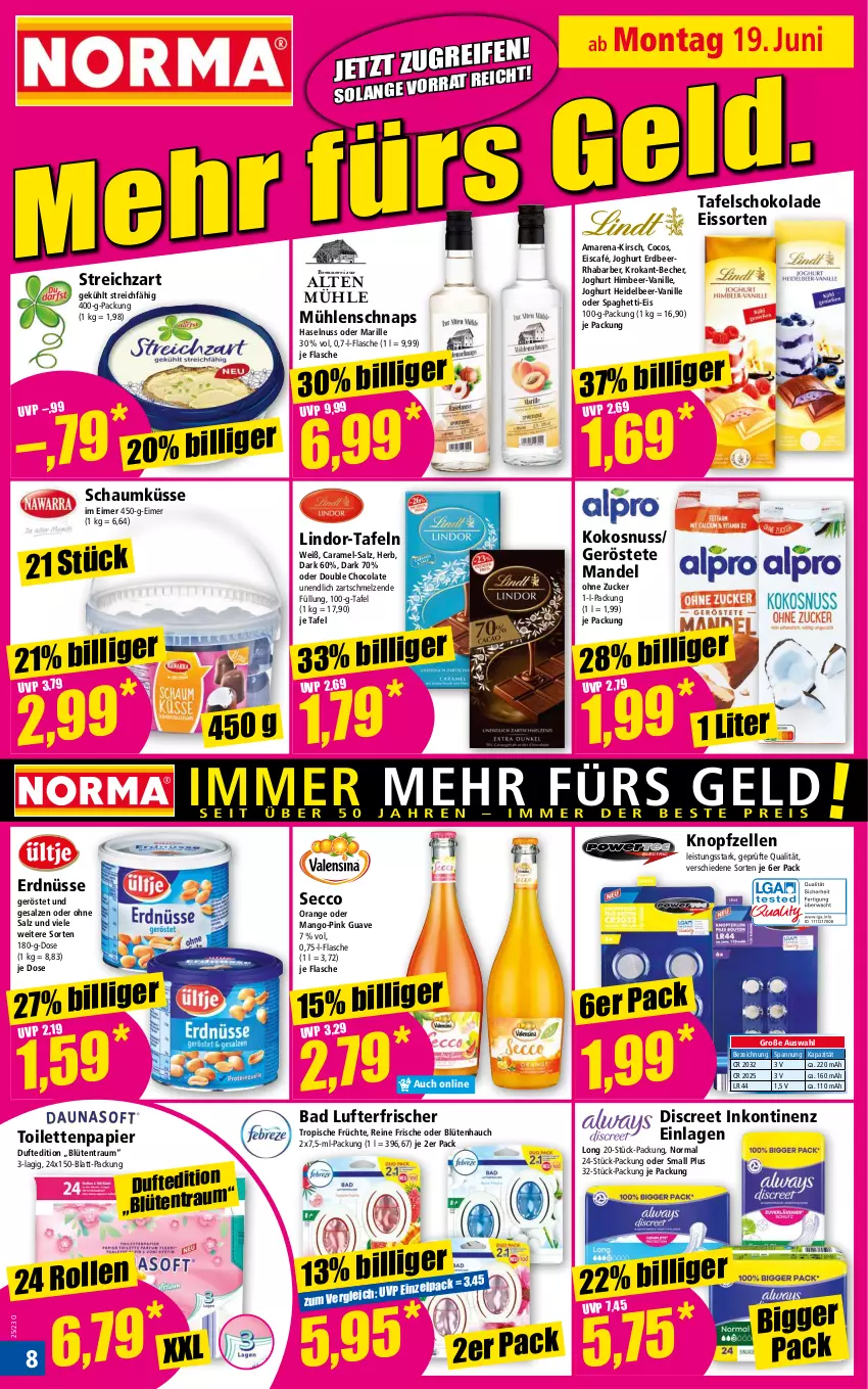 Aktueller Prospekt Norma - Norma - von 19.06 bis 26.06.2023 - strona 8 - produkty: Bad, Becher, Blüte, caramel, cocos, cola, Discreet, ecco, eimer, eis, elle, erdnüsse, flasche, früchte, gin, Guave, haselnuss, himbeer, joghur, joghurt, kirsch, kokos, kokosnuss, lindor, lufterfrischer, mandel, mango, nuss, orange, papier, rhabarber, salz, schoko, schokolade, spaghetti, Streichzart, tafelschokolade, Ti, toilettenpapier, vanille, zucker