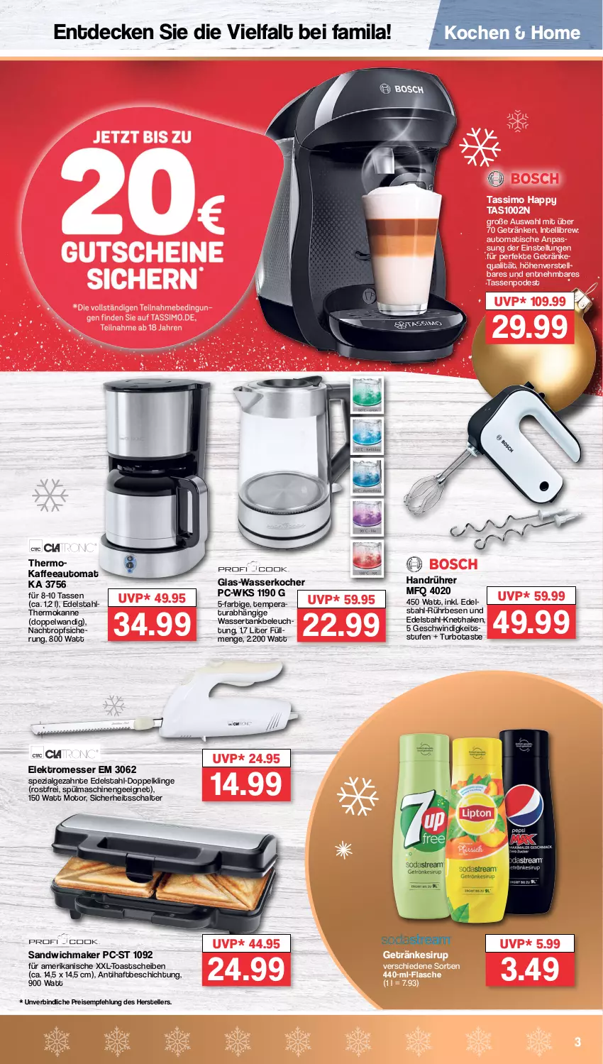 Aktueller Prospekt Famila - Prospekte - von 05.12 bis 10.12.2022 - strona 3 - produkty: auto, decke, edelstahl, eis, Elektro, elle, flasche, getränk, getränke, getränkesirup, glas-wasserkocher, Intel, kaffee, kaffeeautomat, Kocher, LG, messer, reis, sandwich, Schal, sim, sirup, Spezi, spülmaschinen, tasse, tassimo, teller, Ti, tisch, toast, wasser, wasserkocher, wassertank