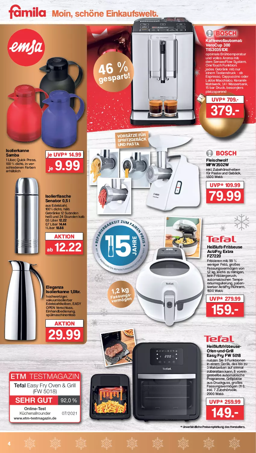 Aktueller Prospekt Famila - Prospekte - von 05.12 bis 10.12.2022 - strona 4 - produkty: ACC, auto, Cap, cappuccino, chia, cin, edelstahl, eis, elle, espresso, flasche, fleisch, fritteuse, getränk, getränke, grill, grillplatte, Heißluftfritteuse, isolierflasche, isolierkanne, kaffee, kaffeevollautomat, latte, latte macchiato, mac, macchiato, Ofen, pasta, reis, senseo, spülmaschinen, teller, Ti, Tiere, tisch, wasser, wassertank