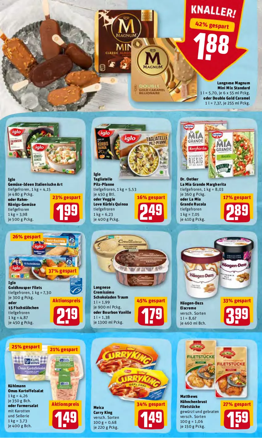 Aktueller Prospekt Rewe - REWE Ihr Kaufpark - von 31.01 bis 05.02.2022 - strona 10 - produkty: aktionspreis, bourbon, bourbon vanille, braten, caramel, cola, creme, cremissimo, curry, Dr. Oetker, eis, eiscreme, elle, filet, filets, fisch, fischstäbchen, gewürz, häagen-dazs, hähnchenbrust, iglo, karotten, kartoffel, kartoffelsalat, kühlmann, Kürbis, langnese, langnese cremissimo, magnum, Magnum Mini, margherita, meica, pfanne, quinoa, reis, rucola, salat, schoko, schokolade, schokoladen, sim, tagliatelle, Ti, vanille, veggie, Veggie Love