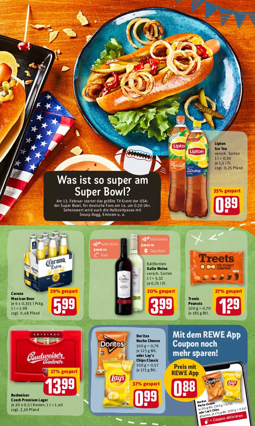 Aktueller Prospekt Rewe - REWE Ihr Kaufpark - von 31.01 bis 05.02.2022 - strona 13 - produkty: budweiser, chips, corona, coupon, Doritos, eis, gallo, grill, ice tea, lipton, lipton ice tea, nacho, nacho cheese, reis, rind, Ti, uhr, wein, weine