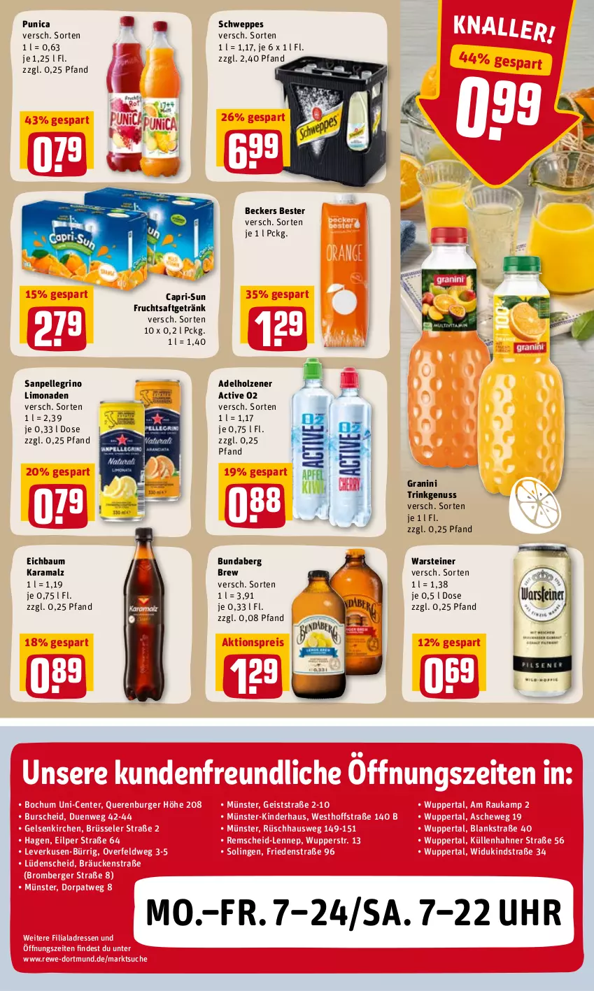 Aktueller Prospekt Rewe - REWE Ihr Kaufpark - von 31.01 bis 05.02.2022 - strona 21 - produkty: adelholzener, aktionspreis, Bau, Beckers Bester, Berger, Bundaberg, burger, Cap, capri-sun, eis, elle, ente, frucht, fruchtsaft, fruchtsaftgetränk, getränk, granini, Holz, karamalz, Kinder, limo, limonade, limonaden, malz, nuss, punica, rama, reis, saft, sanpellegrino, schweppes, steiner, Ti, uhr, warsteiner