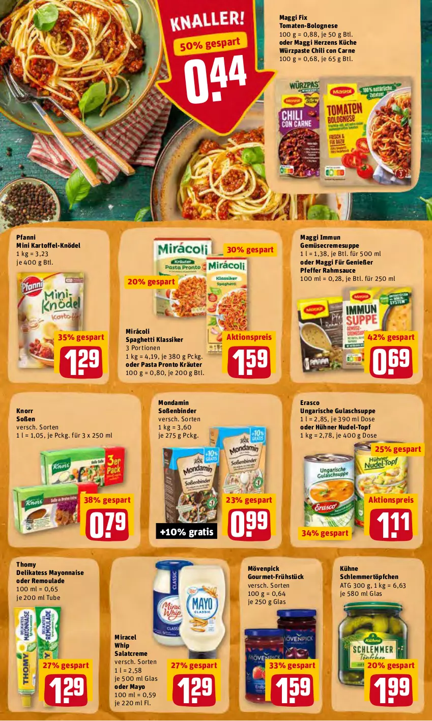 Aktueller Prospekt Rewe - REWE Ihr Kaufpark - von 31.01 bis 05.02.2022 - strona 22 - produkty: aktionspreis, bolognese, chili, creme, cremesuppe, eis, erasco, gulasch, Gulaschsuppe, hühner, kartoffel, Knödel, knorr, kräuter, küche, Kühne, maggi, maggi fix, mayonnaise, miracel, miracel whip, Mirácoli, mondamin, mövenpick, nudel, nudel-topf, pasta, pfanni, pfeffer, Pronto, reis, remoulade, salat, salatcreme, sauce, schlemmertöpfchen, Soße, spaghetti, suppe, thomy, Ti, tomate, tomaten, topf, Töpfchen, Yo