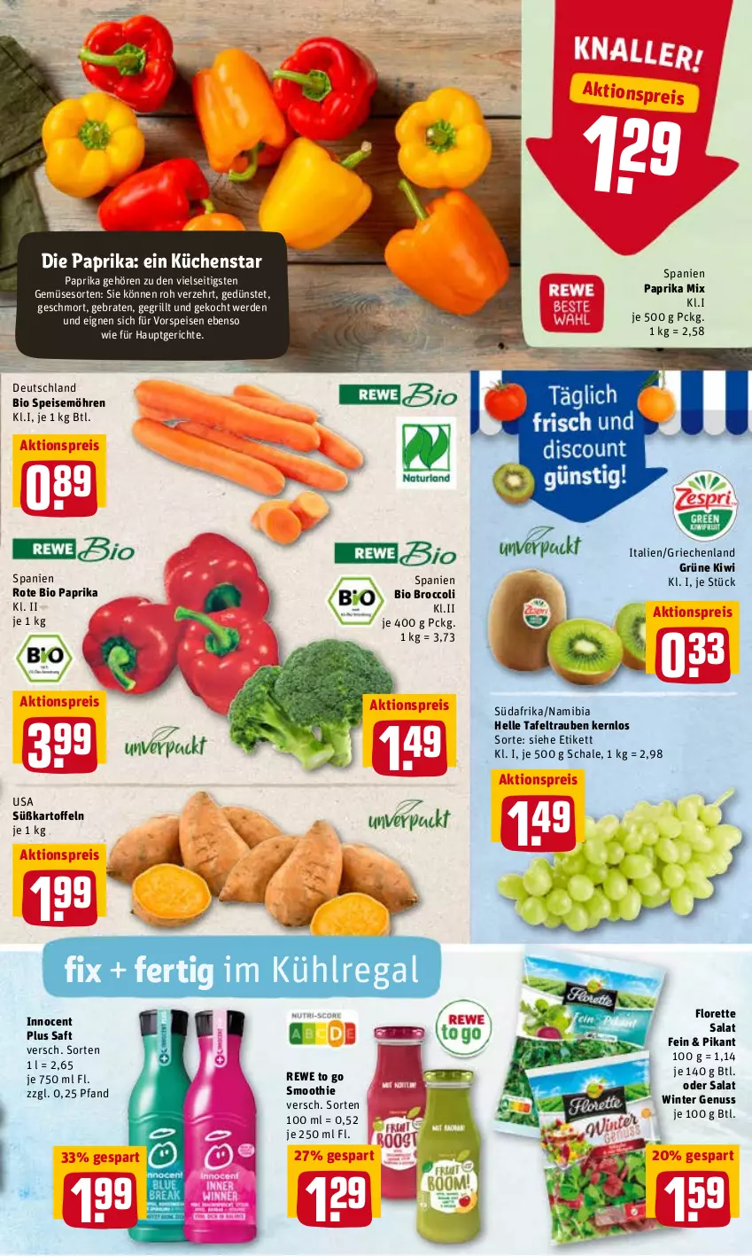 Aktueller Prospekt Rewe - REWE Ihr Kaufpark - von 31.01 bis 05.02.2022 - strona 3 - produkty: aktionspreis, bio, braten, broccoli, eis, elle, erde, florette, grill, Innocent, kartoffel, kartoffeln, kiwi, küche, Küchen, kühlregal, möhren, nuss, paprika, paprika mix, regal, reis, saft, salat, Schal, Schale, smoothie, speisemöhren, Süßkartoffeln, tafeltrauben, Ti, trauben, vorspeise