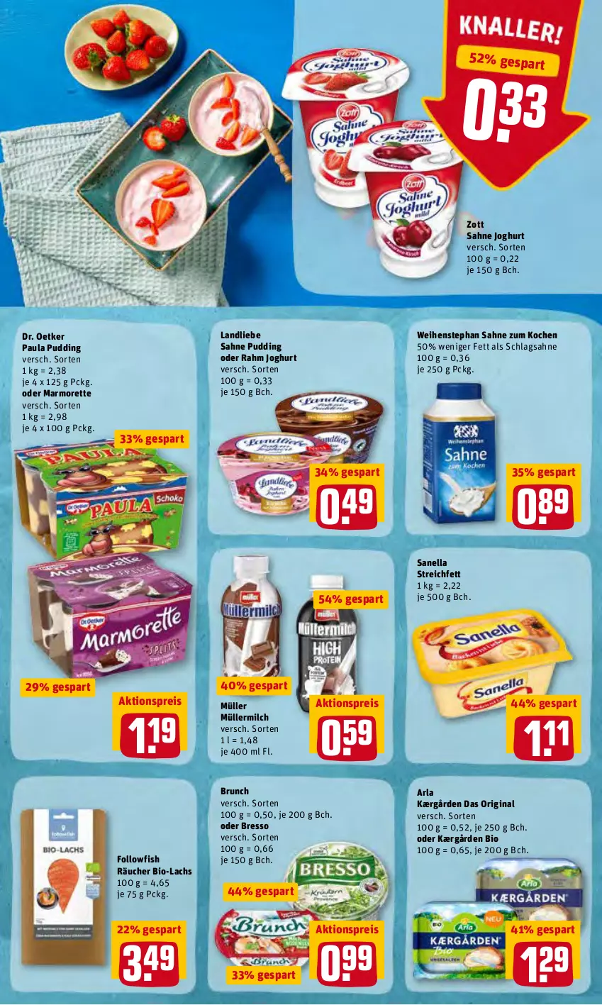 Aktueller Prospekt Rewe - REWE Ihr Kaufpark - von 31.01 bis 05.02.2022 - strona 9 - produkty: aktionspreis, arla, bio, bresso, Dr. Oetker, eis, followfish, gin, joghur, joghurt, Kærgården, lachs, landliebe, marmorette, milch, Müller, müllermilch, Paula, paula pudding, pudding, reis, sahne, sahne joghurt, schlagsahne, Ti, weihenstephan, zott