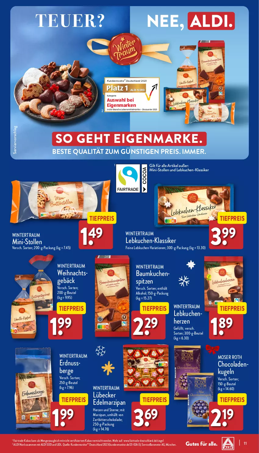 Aktueller Prospekt Aldi Nord - Von Montag - von 30.10 bis 04.11.2023 - strona 11 - produkty: aldi, alkohol, Bau, beutel, cola, discount, Edelmarzipan, eis, elle, erde, erdnuss, kakao, kuchen, Kugel, lebensmittel, Lebkuchen, Lübecker, marzipan, monitor, moser, Moser Roth, nuss, reis, Ria, schoko, schokolade, Stollen, Ti, tiefpreis, Zartbitterschokolade