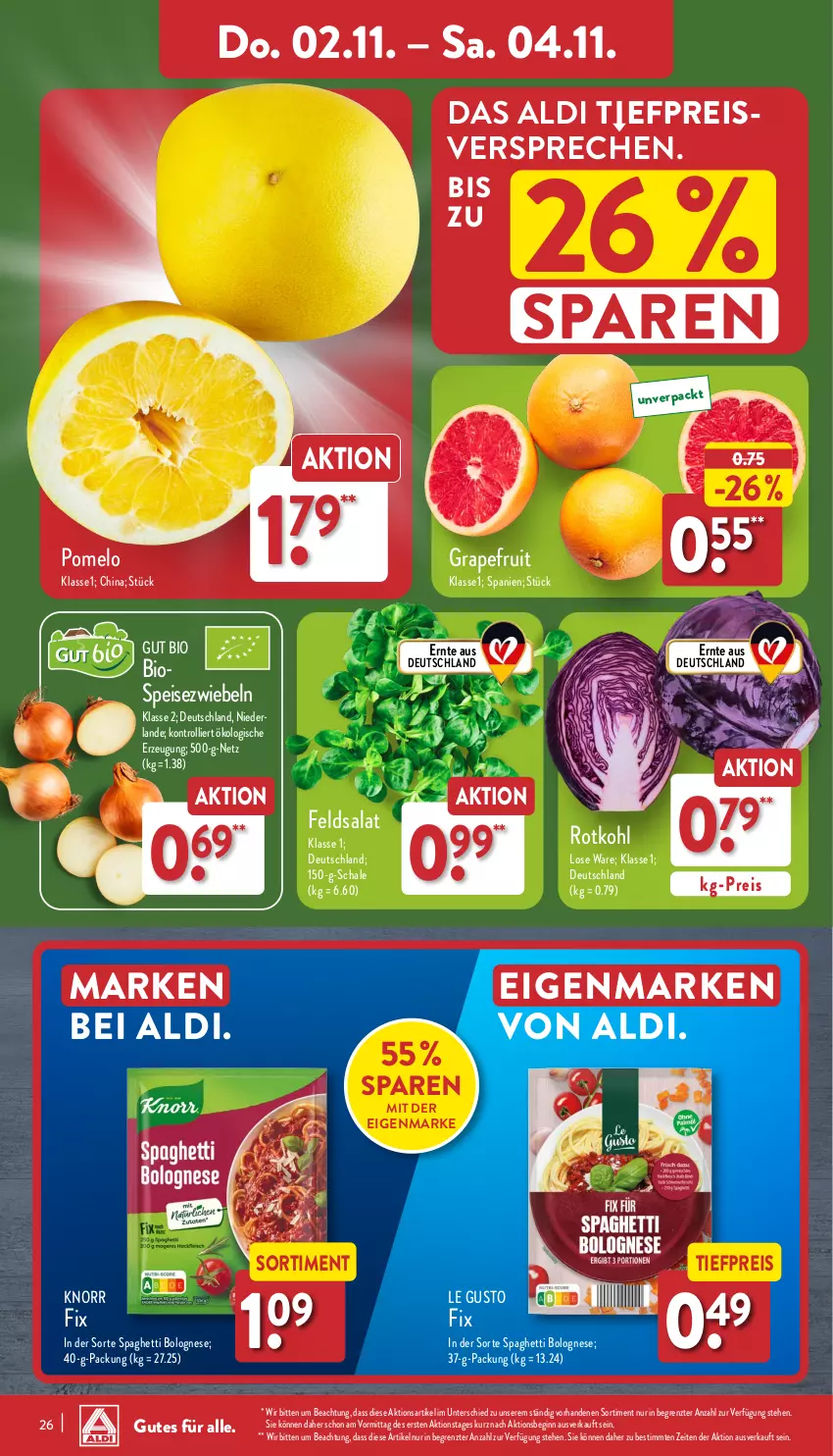 Aktueller Prospekt Aldi Nord - Von Montag - von 30.10 bis 04.11.2023 - strona 26 - produkty: aldi, bio, bolognese, eis, feldsalat, gin, grapefruit, knorr, knorr fix, Pomelo, reis, rotkohl, salat, Schal, Schale, spaghetti, spaghetti bolognese, Ti, tiefpreis, trolli, ZTE, zwiebel, zwiebeln