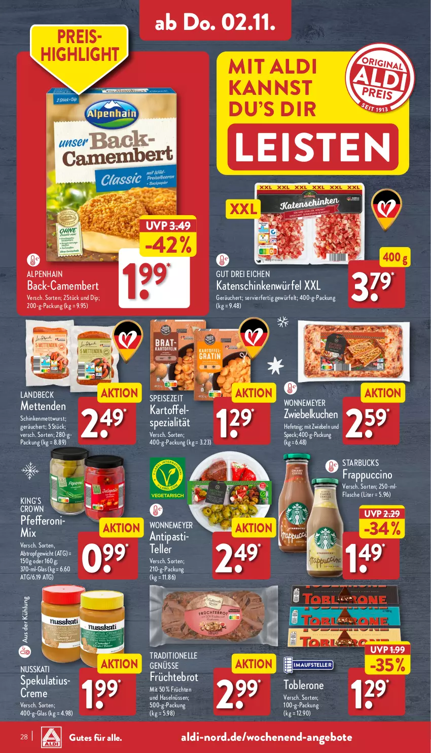 Aktueller Prospekt Aldi Nord - Von Montag - von 30.10 bis 04.11.2023 - strona 28 - produkty: aldi, Alpenhain, angebot, angebote, antipasti, asti, brot, camembert, cin, creme, dip, eis, elle, flasche, früchte, früchten, Hefe, kartoffel, kuchen, Mett, metten, Mettenden, mettwurst, mit zwiebeln, nuss, pfeffer, Pfefferoni, reis, schinken, Speck, Spezi, starbucks, teller, Ti, toblerone, würfel, wurst, zwiebel, zwiebeln