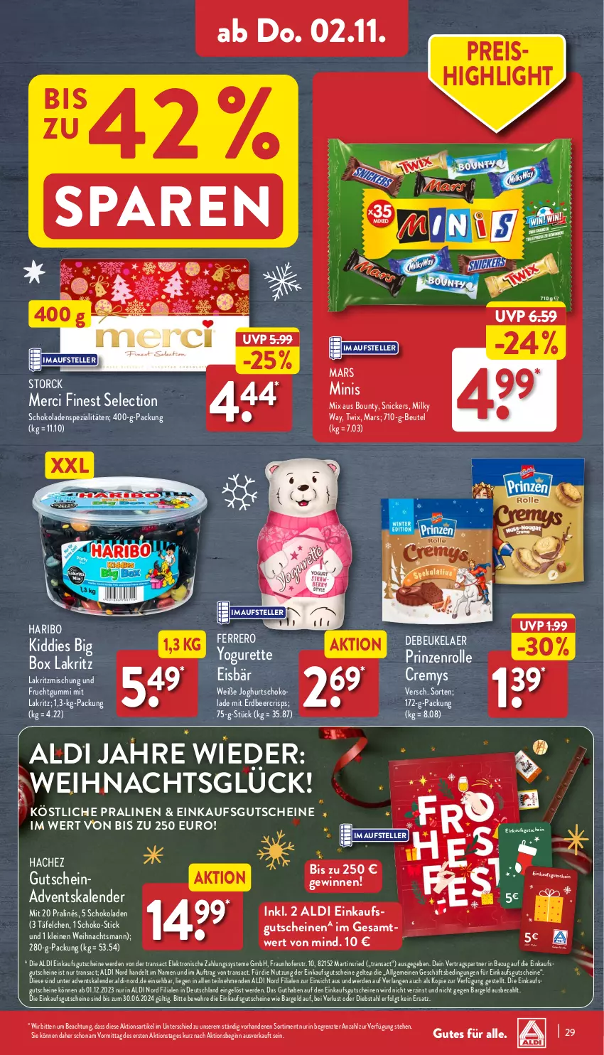 Aktueller Prospekt Aldi Nord - Von Montag - von 30.10 bis 04.11.2023 - strona 29 - produkty: Adventskalender, aldi, beutel, bounty, cremys, debeukelaer, eis, Elektro, elle, erde, ferrero, frucht, fruchtgummi, gin, gutschein, gutscheine, haribo, joghur, joghurt, Lakritz, leine, LG, Liege, mars, merci, milky way, pralinen, prinzenrolle, reis, sac, schoko, schokolade, schokoladen, snickers, Spezi, storck, teller, Ti, twix, usb, Yo, yogurette, ZTE