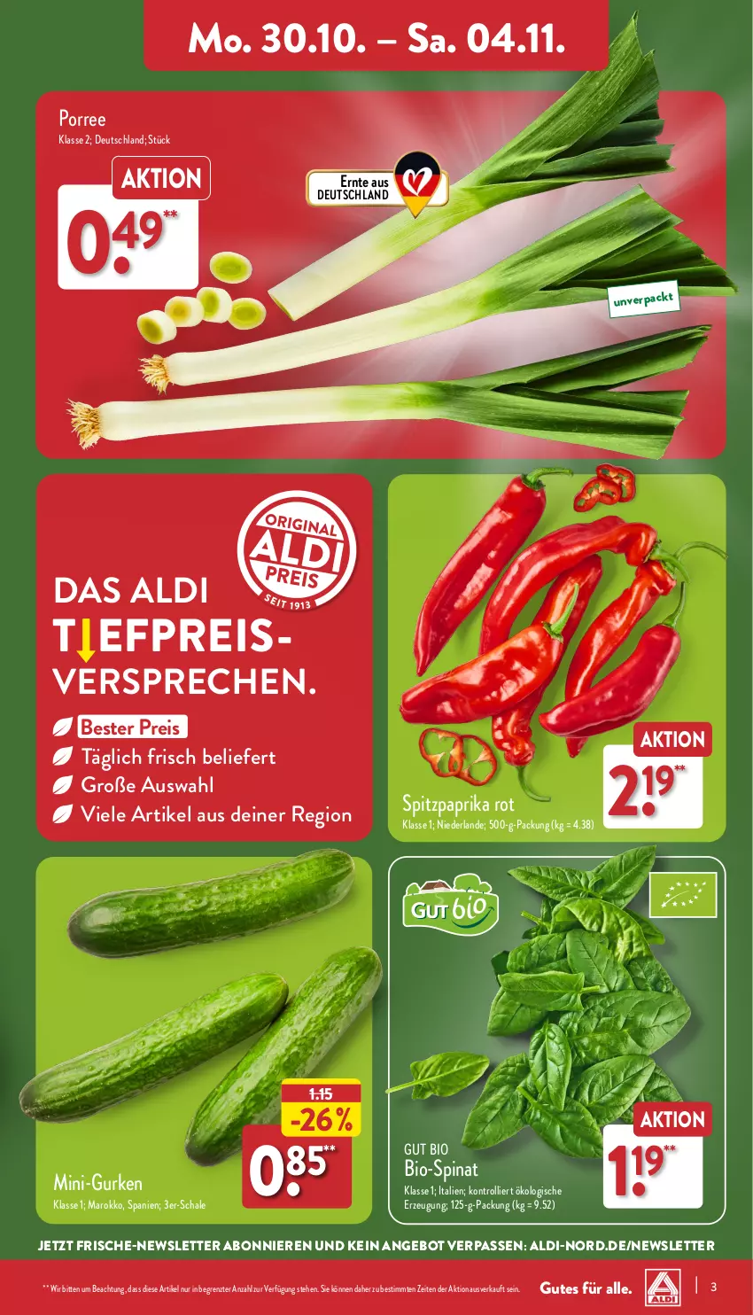 Aktueller Prospekt Aldi Nord - Von Montag - von 30.10 bis 04.11.2023 - strona 3 - produkty: aldi, angebot, bio, eis, gurke, gurken, mini-gurken, paprika, paprika rot, reis, Schal, Schale, spinat, Spitzpaprika, Ti, trolli, ZTE