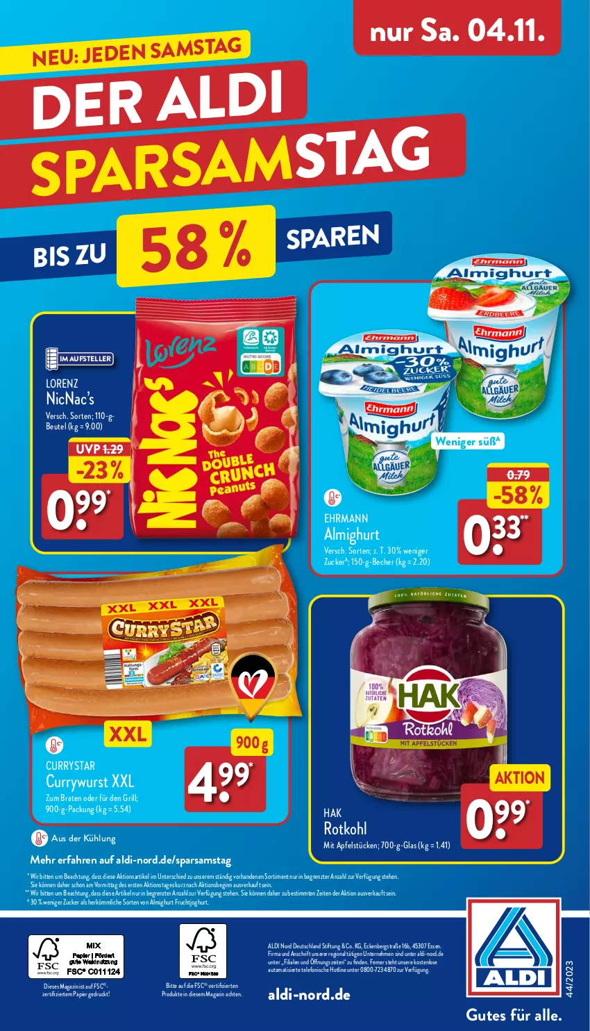 Aktueller Prospekt Aldi Nord - Von Montag - von 30.10 bis 04.11.2023 - strona 36 - produkty: aldi, almighur, almighurt, apfel, auto, Becher, beutel, braten, curry, currywurst, ehrmann, ehrmann almighurt, elle, frucht, fruchtjoghurt, gin, grill, joghur, joghurt, lorenz, magazin, papier, rotkohl, telefon, teller, Ti, wurst, ZTE, zucker