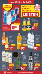 Gazetka promocyjna Aldi Nord - Von Montag - Gazetka - ważna od 04.11 do 04.11.2023 - strona 8 - produkty: aldi, alkohol, angebot, angebote, asti, brunnen, brut, crémant de loire, drink, eis, elle, erfrischungsgetränk, flasche, franken brunnen, gerolsteine, gerolsteiner, getränk, gin, krombache, krombacher, krombacher pils, orangina, pils, pilsener, radler, red bull, reis, saft, steiner, teller, Three Sixty, Ti, valensina, vodka, wasser, wein, zucker