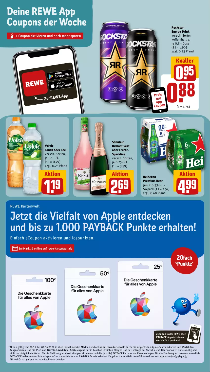 Aktueller Prospekt Rewe - Prospekte - von 27.05 bis 01.06.2024 - strona 16 - produkty: Apple, brillant sekt, coupon, coupons, decke, drink, eis, energy drink, frucht, heineken, payback, reis, Rockstar, sekt, söhnlein, söhnlein brillant, tee, Ti, volvic