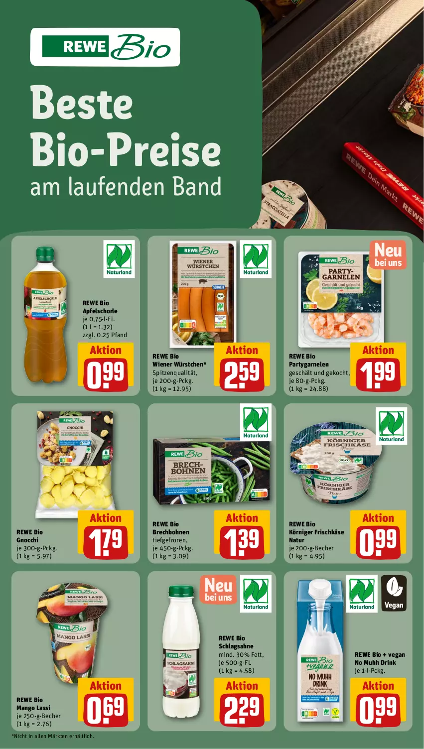 Aktueller Prospekt Rewe - Prospekte - von 27.05 bis 01.06.2024 - strona 18 - produkty: apfel, Apfelschorle, Becher, bio, bohne, bohnen, drink, eis, frischkäse, garnelen, gnocchi, Käse, Körniger Frischkäse, Laufen, mango, natur, reis, rewe bio, sahne, schlagsahne, schorle, spitzenqualität, Ti, wiener, wiener würstchen, würstchen