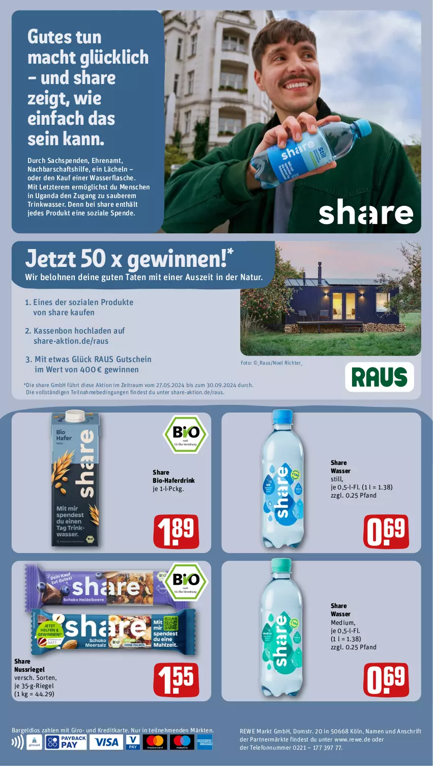 Aktueller Prospekt Rewe - Prospekte - von 27.05 bis 01.06.2024 - strona 22 - produkty: bio, drink, flasche, gutschein, hafer, Haferdrink, mac, natur, nuss, nussriegel, riegel, sac, telefon, Ti, wasser, ZTE