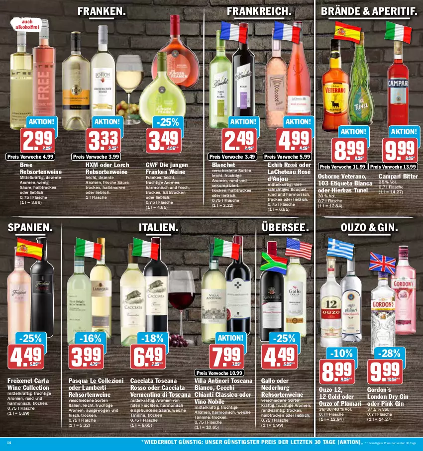 Aktueller Prospekt Aez - Prospekte - von 20.03 bis 25.03.2023 - strona 14 - produkty: ACC, alkohol, Amber, aperitif, bree, campari, chia, chianti, classico, dry gin, eis, ente, Etiqueta Blanca, flasche, freixenet, frucht, früchte, früchten, gallo, gin, gordon, london dry, london dry gin, nederburg, osborne, ouzo, ouzo 12, rebsortenweine, reis, Ti, veterano, wein, weine, ZTE