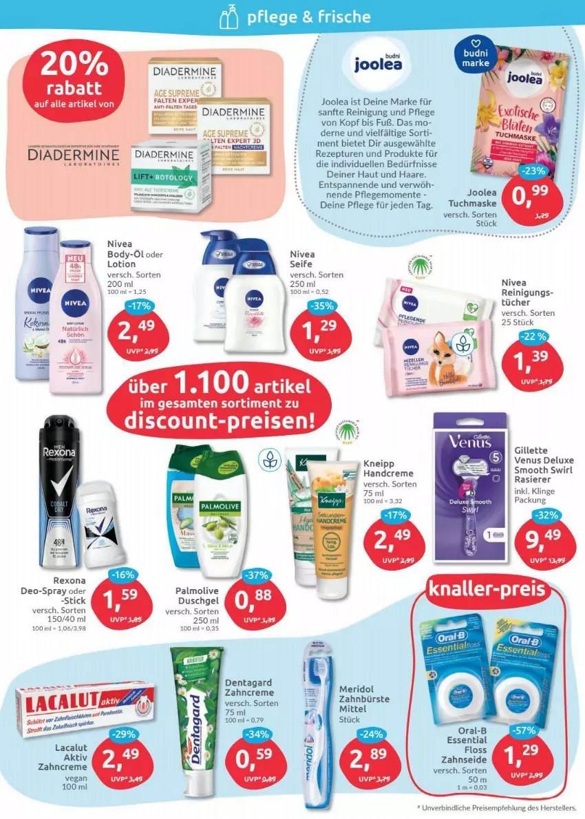 Aktueller Prospekt Budni - Prospekte - von 03.01 bis 08.01.2022 - strona 2 - produkty: body, bürste, creme, deo, Diadermine, discount, duschgel, eis, elle, ente, gillette, handcreme, kneipp, Lacalut, Lotion, Maske, Maus, meridol, nivea, olive, palmolive, rasierer, Reinigung, reis, resa, rexona, rezept, Seife, swirl, teller, Ti, tuc, tücher, tuchmaske, venus, zahnbürste, zahncreme, Zahnseide