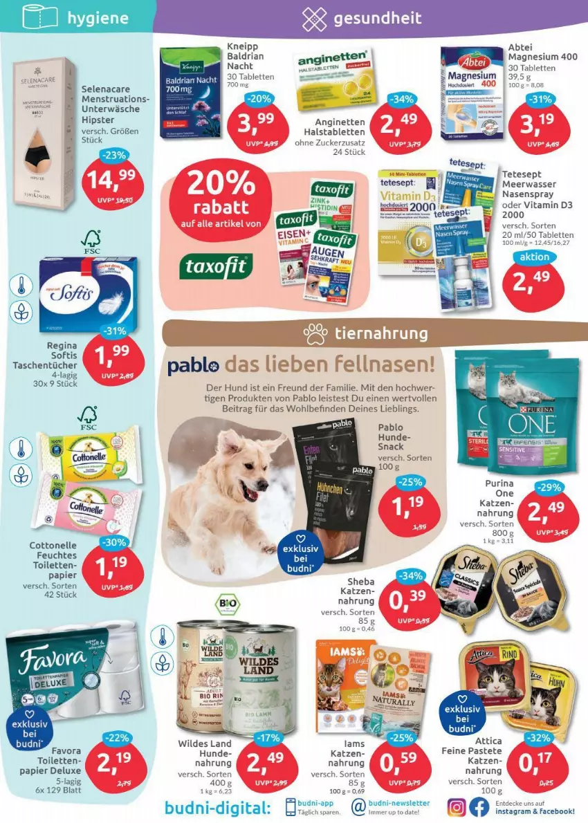 Aktueller Prospekt Budni - Prospekte - von 03.01 bis 08.01.2022 - strona 5 - produkty: Abtei, cottonelle, decke, eis, elle, gin, kneipp, latte, magnesium, magnesium 400, Meerwasser, Nasenspray, natur, natura, papier, pastete, purina, Ria, sheba, snack, tablet, tablett, Tablette, Tasche, taschen, taschentücher, Ti, tücher, Unterwäsche, vita, Vitamin D, wasser, Wild, zucker