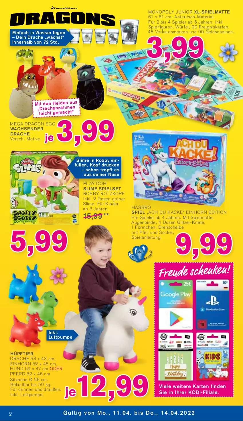 Aktueller Prospekt Kodi - Prospekte - von 09.04 bis 14.04.2022 - strona 2 - produkty: Elan, Hasbro, Kinder, Ria, robby, Sitzhöhe, Slime, Spiele, Ti, wasser, würfel