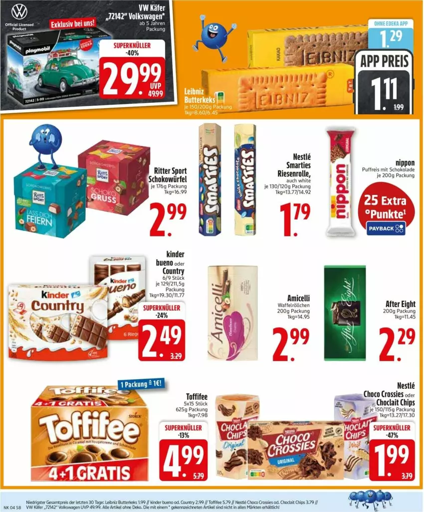 Aktueller Prospekt Edeka - Prospekte - von 19.01 bis 24.01.2026 - strona 10 - produkty: after eight, amicelli, butter, butterkeks, chips, choclait chips, choco crossies, crossies, deka, eis, käfer, keks, Kinder, kinder bueno, leibniz, nippon, reis, ritter, ritter sport, schoko, schokolade, schokowürfel, smarties, Sport, Ti, toffifee, Waffelröllchen, würfel, ZTE