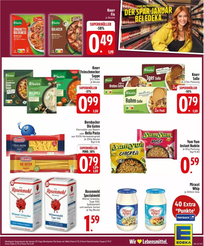 Aktueller Prospekt Edeka - Prospekte - von 19.01 bis 24.01.2026 - strona 15 - produkty: bernbacher, beutel, eier, eiernudeln, elle, feinschmecker, hartweizen, knorr, lebensmittel, mehl, miracel, nudel, nudeln, pasta, rosen, Rosenmehl, Spätzlemehl, Spezi, teller, wiener, Yum Yum