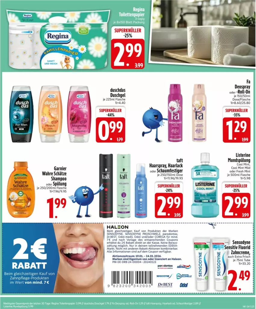 Aktueller Prospekt Edeka - Prospekte - von 19.01 bis 24.01.2026 - strona 27 - produkty: arla, coupon, coupons, creme, deka, deo, deospray, duschdas, duschgel, flasche, garnier, Haarlack, haarspray, lack, listerine, mint, mundspülung, oder schaumfestiger, Odol, Parodontax, roll-on, schaumfestiger, sensodyne, shampoo, spülung, Taft, Ti, Wahre Schätze, zahncreme