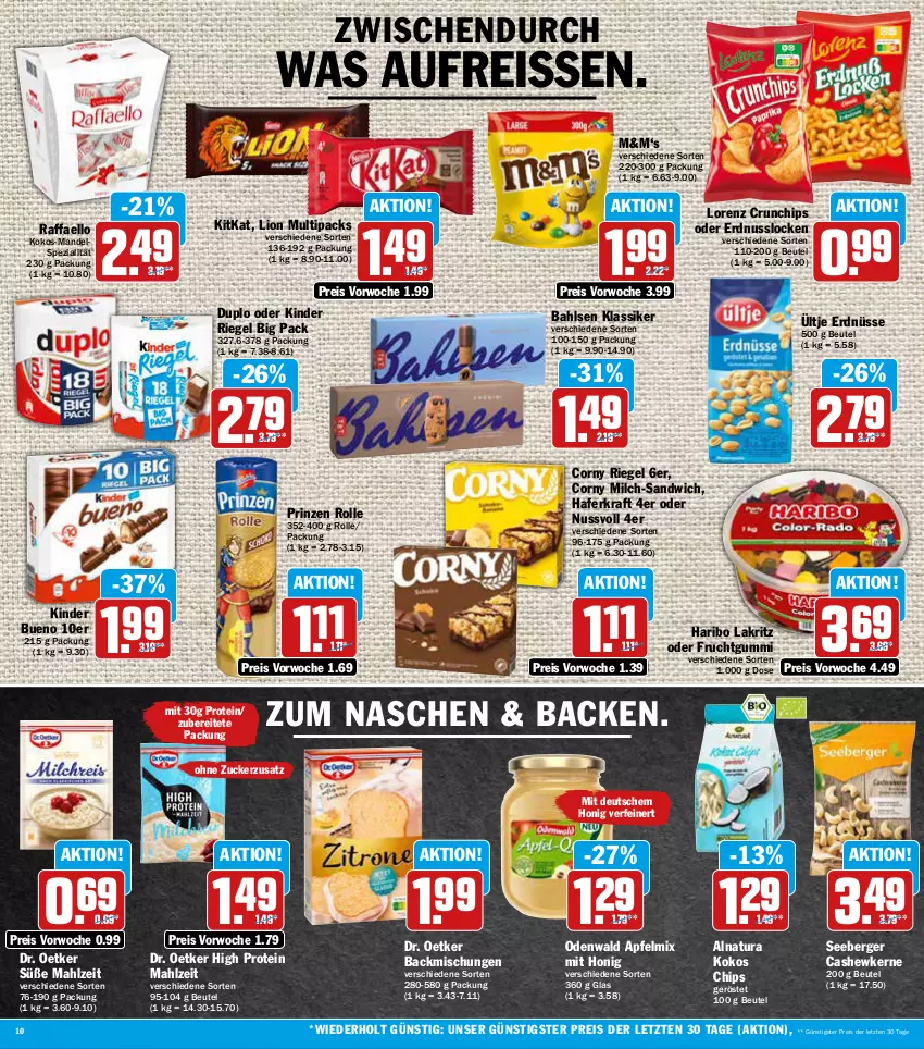 Aktueller Prospekt Aez - Prospekte - von 13.06 bis 18.06.2022 - strona 10 - produkty: apfel, backmischung, Backmischungen, bahlsen, Berger, beutel, Cashew, cashewkerne, chips, corny, crunchips, Dr. Oetker, duplo, eis, erdnuss, erdnüsse, frucht, fruchtgummi, hafer, haribo, honig, Kinder, kinder bueno, kinder riegel, kitkat, kokos, kraft, Lakritz, lion, lorenz, lorenz crunchips, mandel, milch, natur, natura, nuss, odenwald, prinzen rolle, raffaello, reis, reiss, riegel, sandwich, seeberger, Spezi, Ti, ültje, ültje erdnüsse, ZTE, zucker