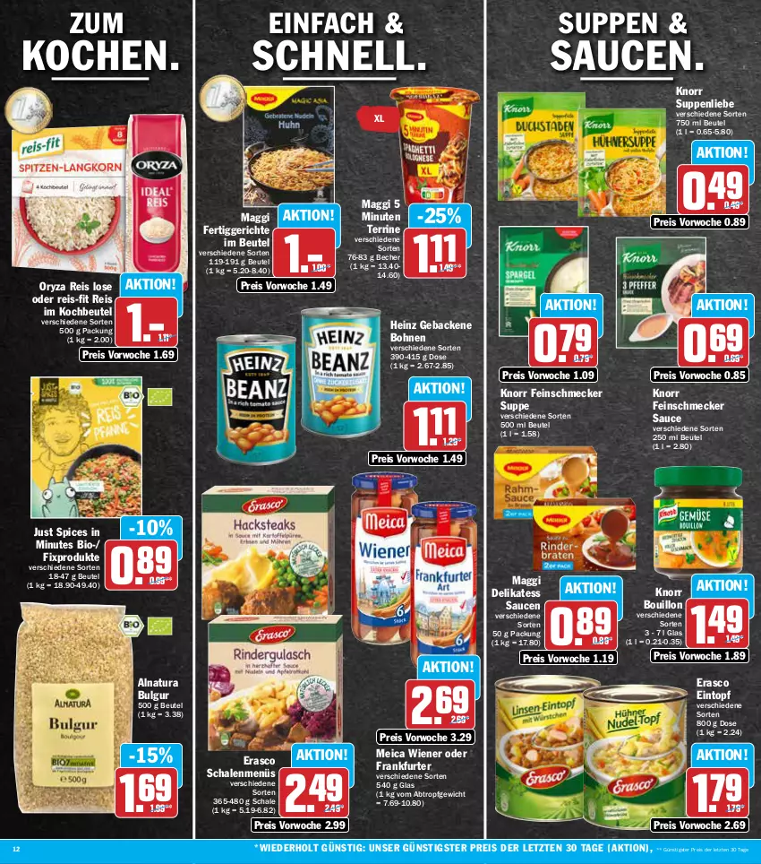 Aktueller Prospekt Aez - Prospekte - von 13.06 bis 18.06.2022 - strona 12 - produkty: Becher, beutel, bio, bohne, bohnen, bulgur, delikatess sauce, eintopf, eis, erasco, feinschmecker, fertiggericht, fertiggerichte, frankfurter, geback, heinz, knorr, kochbeutel, LG, maggi, meica, natur, natura, oryza, reis, reis-fit, sauce, saucen, Schal, Schale, suppe, suppen, suppenliebe, terrine, Ti, topf, wiener, ZTE