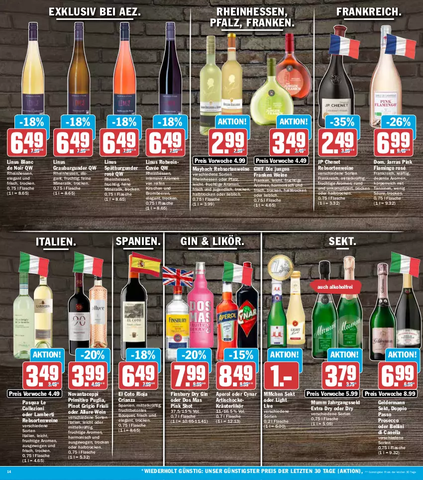 Aktueller Prospekt Aez - Prospekte - von 13.06 bis 18.06.2022 - strona 14 - produkty: AEZ, alkohol, Amber, aperol, beere, beeren, brombeere, brombeeren, burgunder, cuvée, doppio passo, Dos Mas, dry gin, ecco, eis, ente, finsbury, flasche, frucht, geldermann, gin, grauburgunder, jahrgangssekt, kirsch, kirsche, kirschen, kräuter, kräuterlikör, likör, maybach, mumm, passo, Pinot, pinot grigio, primitivo, prosecco, rebsortenweine, reifen, reis, Ria, rioja, rotwein, sekt, spätburgunder, Ti, tisch, wein, weine, ZTE