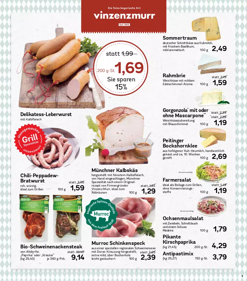 Aktueller Prospekt Aez - Prospekte - von 13.06 bis 18.06.2022 - strona 5 - produkty: antipasti, asti, basilikum, bio, bratwurst, brie, buch, chili, deutscher schnittkäse, eis, elle, Feigen, gin, gorgonzola, grill, Heu, heumilch, Holz, HP, ideal zum grillen, ilag, Käse, kirsch, kräuter, leberwurst, mascarpone, milch, mit zwiebeln, Nackensteak, paprika, rezept, salat, schinken, schinkenspeck, schnittkäse, schnittlauch, schwein, schweine, schweinenacken, Speck, Spezi, steak, Ti, tisch, weichkäse, wein, weine, wurst, zwiebel, zwiebeln