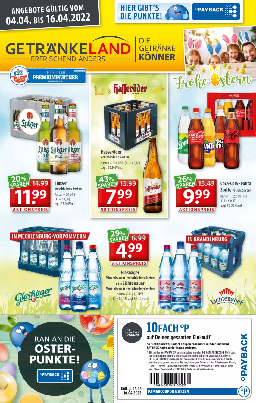 Aktueller Prospekt Getraenkeland - von 04.04 bis 16.04.2022 - strona 1 - produkty: Alwa, auer, coca-cola, cola, coupon, elle, fanta, getränk, getränke, hasseröder, lichtenauer, Lübzer, mineralwasser, papier, payback, pils, sac, sprite, telefon, Ti, wasser