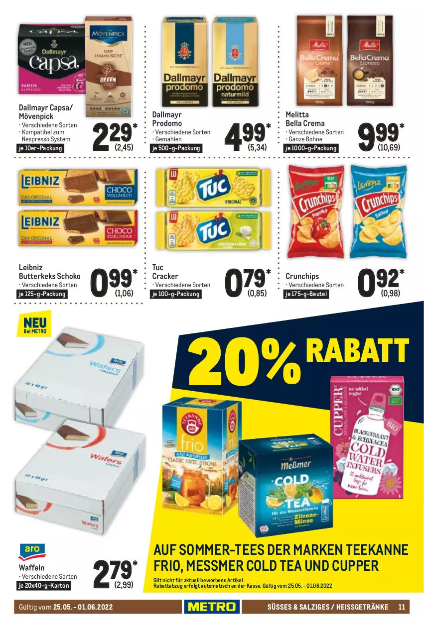 Aktueller Prospekt Metro - Food - von 25.05 bis 01.06.2022 - strona 11 - produkty: auto, bella crema, beutel, bohne, butter, butterkeks, Cap, chips, cracker, crunchips, dallmayr, dallmayr capsa, dallmayr prodomo, eis, espresso, getränk, getränke, keks, leibniz, LG, melitta, mövenpick, nespresso, prodomo, salz, schoko, tee, teekanne, Ti, tisch, tuc, waffeln