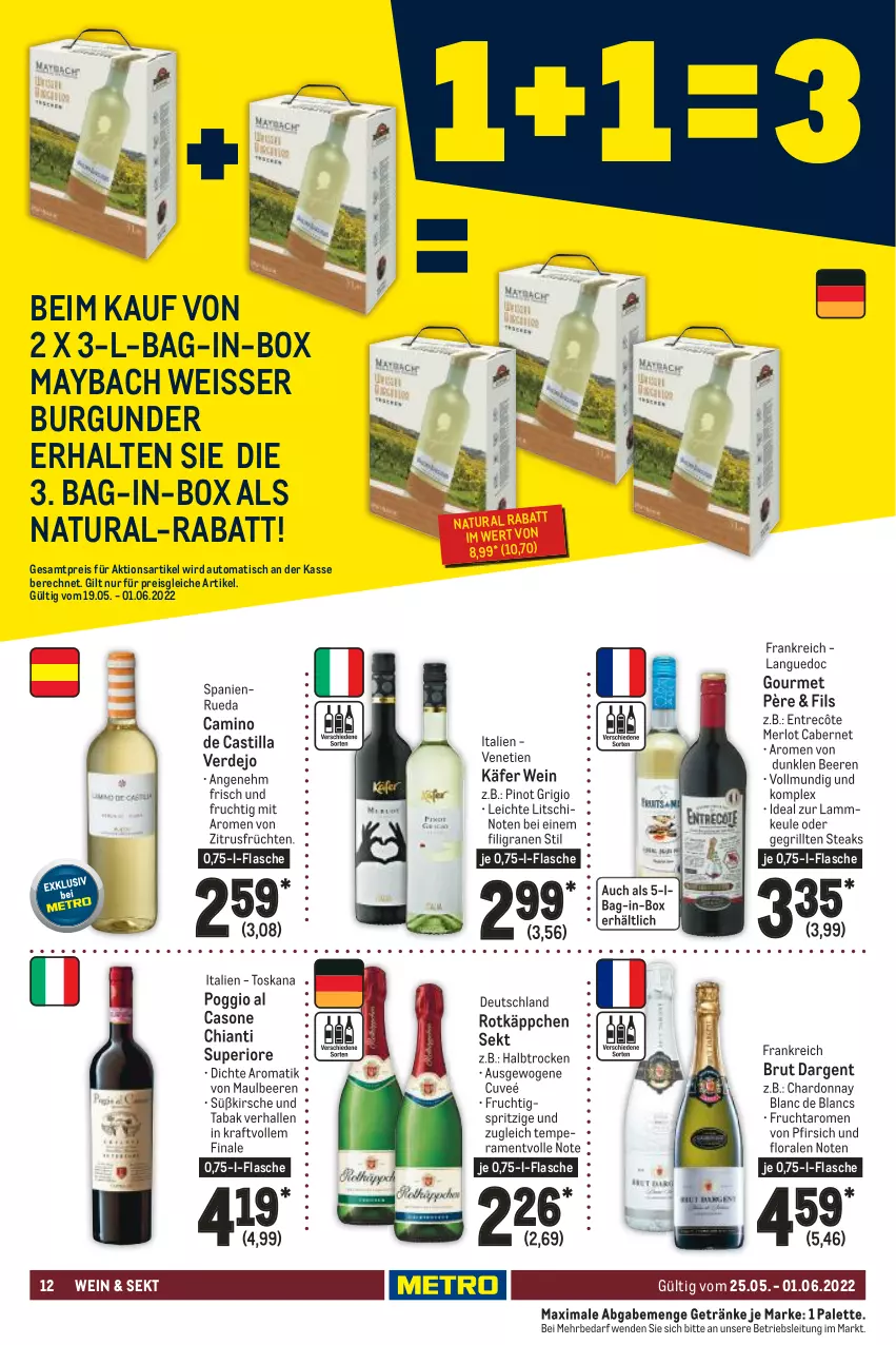 Aktueller Prospekt Metro - Food - von 25.05 bis 01.06.2022 - strona 12 - produkty: asti, auto, bag-in-box, beere, beeren, brut, brut dargent, burgunder, cabernet, chardonnay, chia, chianti, de blancs, eis, entrecôte, erde, flasche, frucht, früchte, früchten, getränk, getränke, grill, käfer, kirsch, kirsche, kraft, lamm, lammkeule, maybach, merl, merlot, natur, natura, Palette, pfirsich, Pinot, pinot grigio, reis, rotkäppchen, sekt, steak, steaks, Ti, tisch, wein