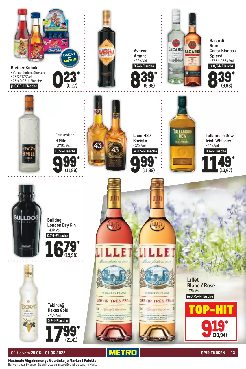 Aktueller Prospekt Metro - Food - von 25.05 bis 01.06.2022 - strona 13 - produkty: amaro, averna, bacardi, bacardi rum, Bulldog, dry gin, flasche, getränk, getränke, gin, irish whiskey, leine, licor, licor 43, lillet, london dry, london dry gin, Palette, rum, spirituosen, Ti, top-hit, tullamore, tullamore dew, whiskey