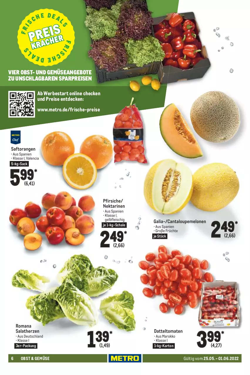 Aktueller Prospekt Metro - Food - von 25.05 bis 01.06.2022 - strona 6 - produkty: angebot, angebote, datteltomaten, decke, eis, fleisch, früchte, melone, melonen, Metro, Nektar, nektarinen, obst, orange, orangen, pfirsich, pfirsiche, reis, sac, saft, Saftorangen, salat, salatherzen, Schal, Schale, Ti, tomate, tomaten, und gemüse