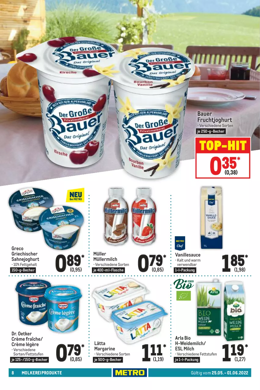 Aktueller Prospekt Metro - Food - von 25.05 bis 01.06.2022 - strona 8 - produkty: arla, auer, Bau, Bauer, Becher, bio, crème fraîche, Dr. Oetker, flasche, frucht, fruchtjoghurt, joghur, joghurt, lätta, margarine, milch, molkereiprodukte, Müller, müllermilch, rwe, sahne, Sahnejoghurt, sauce, Ti, top-hit, vanille, Vanillesauce, weidemilch