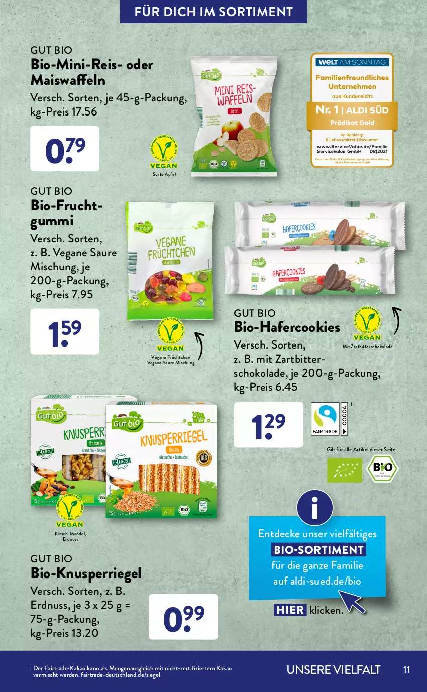 Aktueller Prospekt AldiSud - ALDI Sortiment - von 01.04 bis 30.04.2022 - strona 11 - produkty: aldi, apfel, aprikose, Becher, beere, bio, cookie, cookies, decke, eis, erdbeere, erde, erdnuss, frucht, Frucht-Junior, fruchtgummi, fruchtjoghurt, Fruchtmus, hafer, Hafercookies, himbeer, himbeere, joghur, joghurt, kakao, kirsch, mais, Maiswaffeln, mandel, nuss, reis, riegel, rwe, schoko, schokolade, Ti, waffeln, Zartbitterschokolade