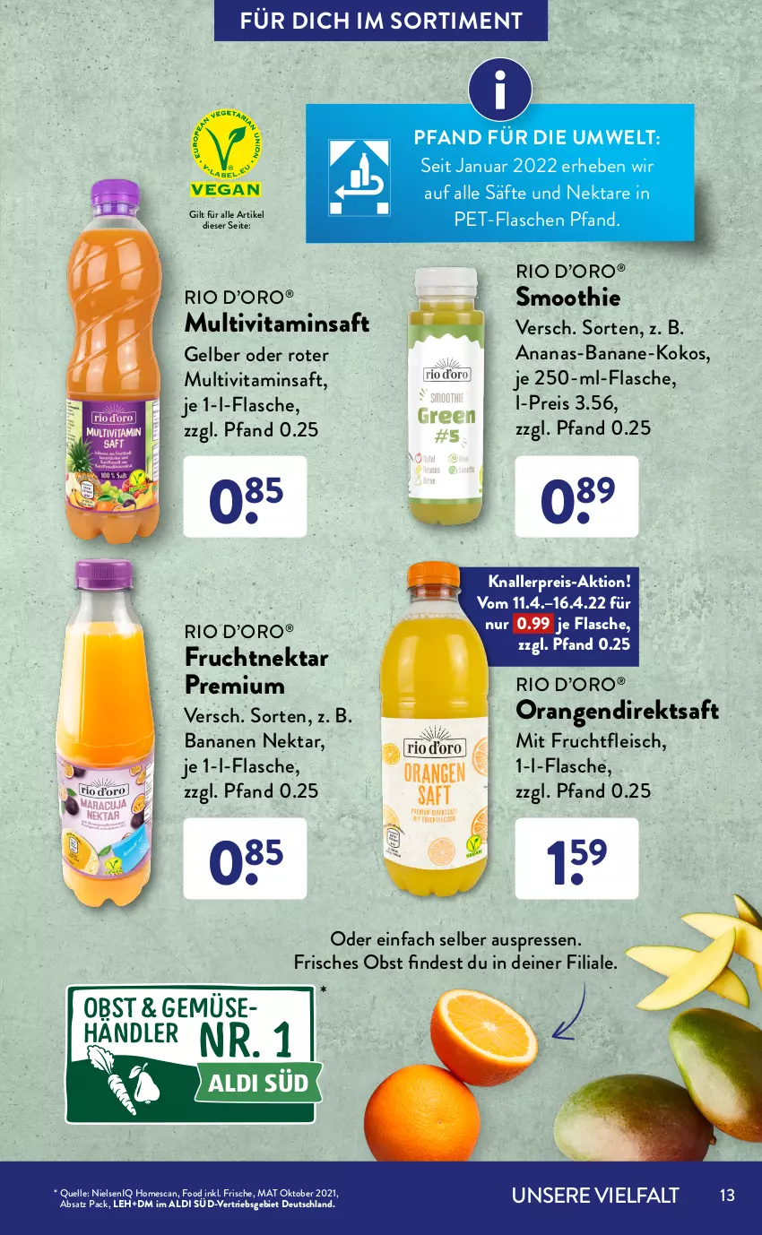 Aktueller Prospekt AldiSud - ALDI Sortiment - von 01.04 bis 30.04.2022 - strona 13 - produkty: aldi, ananas, apfel, apfelsaft, banane, bananen, direktsaft, eis, elle, flasche, fleisch, frucht, früchte, fruchtfleisch, knallerpreis, kokos, mit frucht, Multivitaminsaft, natur, Nektar, obst, orange, orangen, pet-flasche, pet-flaschen, reis, saft, säfte, smoothie, Ti, tisch, trauben, vita